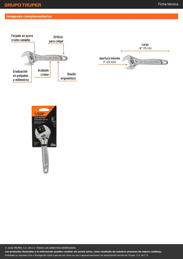 Llave ajustable (perico) 6' profesional cromada, EXPERT