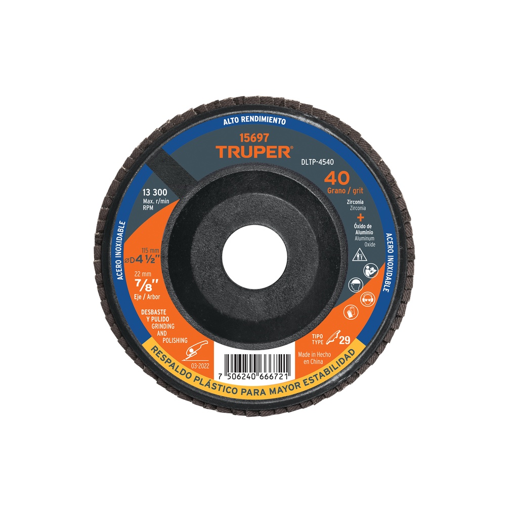 Disco laminado 4-1/2' grano 40 centro 7/8', plástico, TRUPER