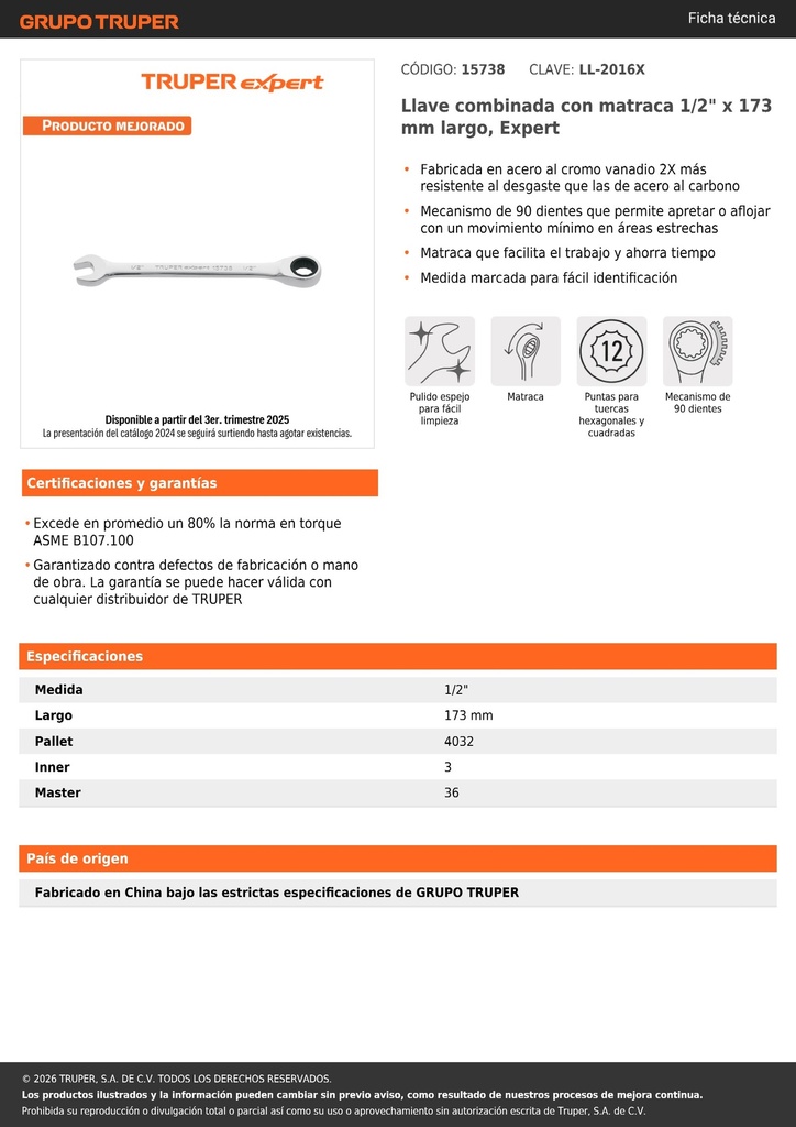 Llave combinada con matraca 1/2' x 173 mm largo, EXPERT