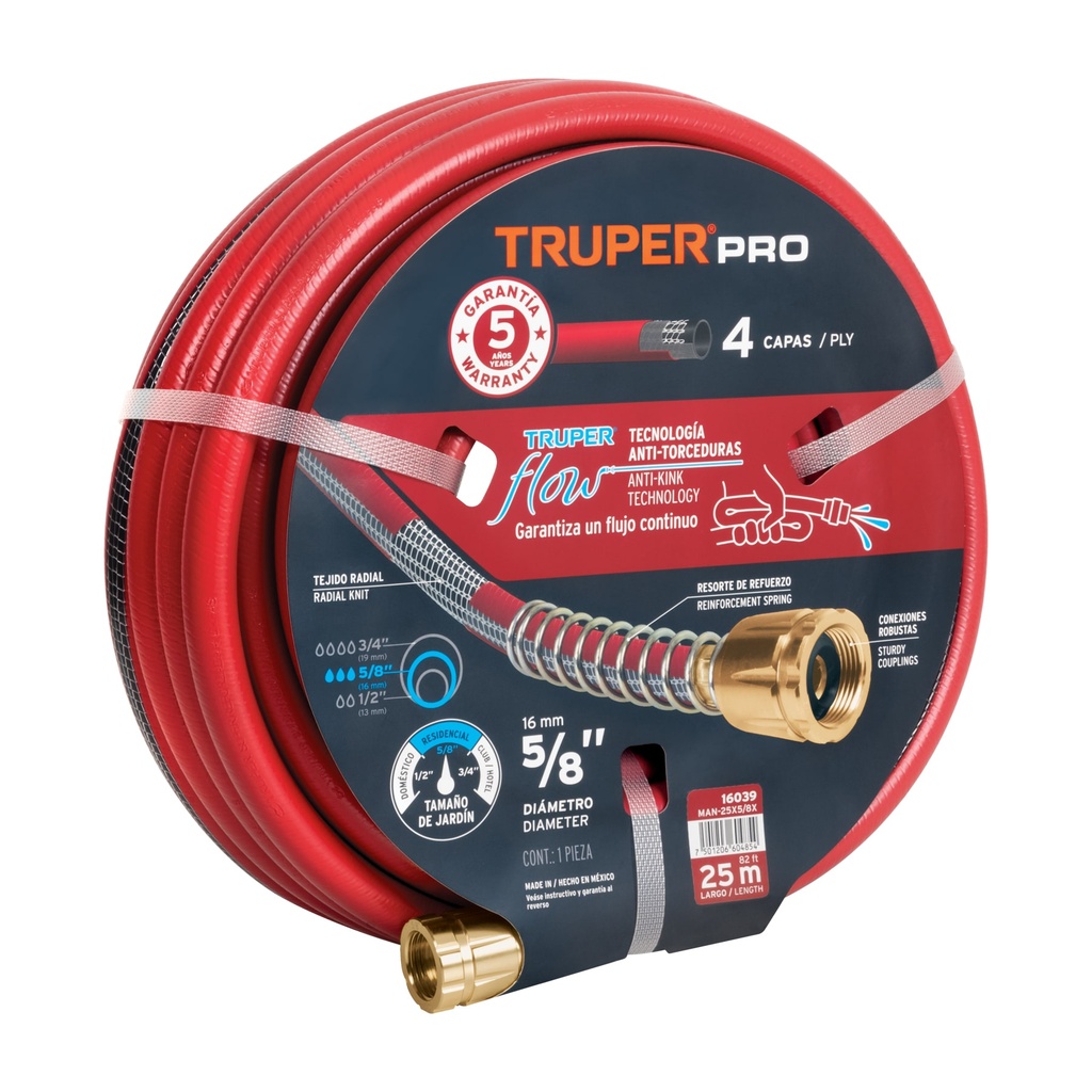 Manguera 5/8' super reforzada 4 capas 25 m conexiones metal