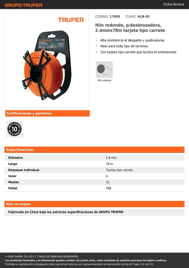 Hilo redondo, p/desbrozadora, 2.4mmx78m tarjeta tipo carrete
