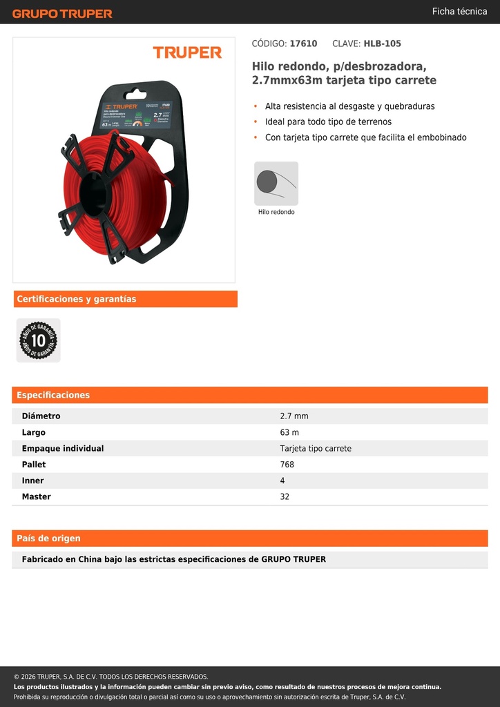 Hilo redondo, p/desbrozadora, 2.7mmx63m tarjeta tipo carrete