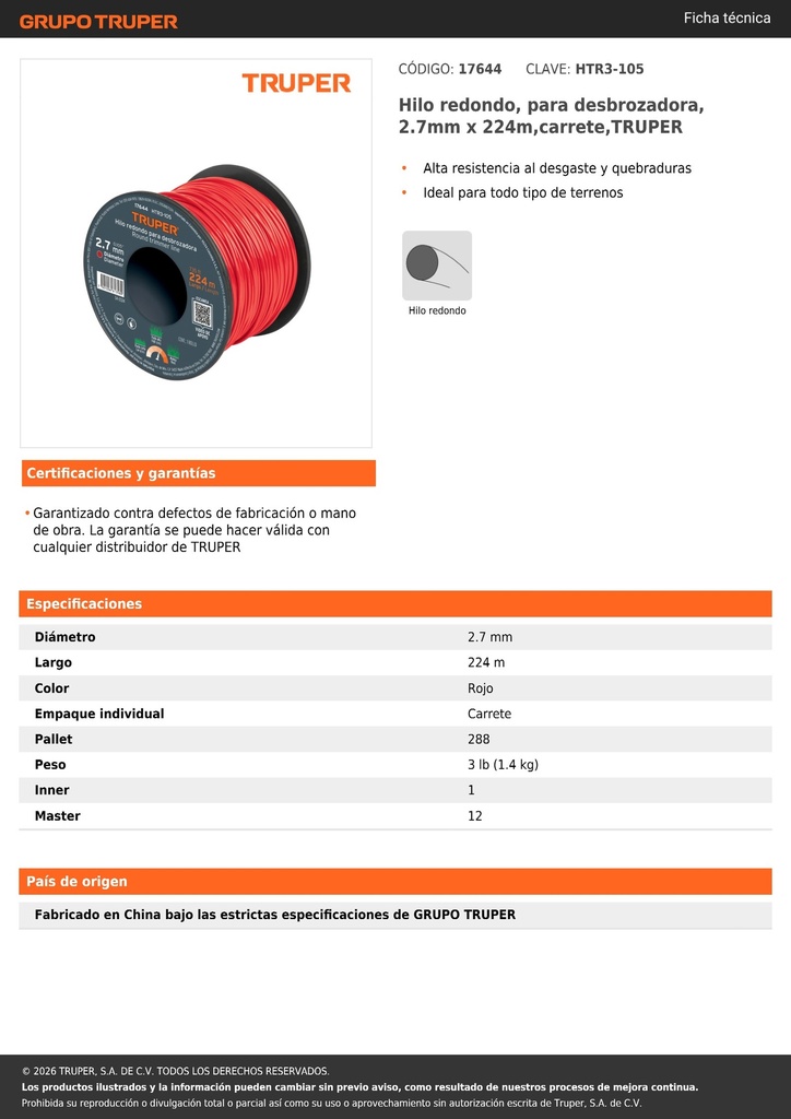 Hilo redondo, para desbrozadora, 2.7mm x 224m,carrete,TRUPER