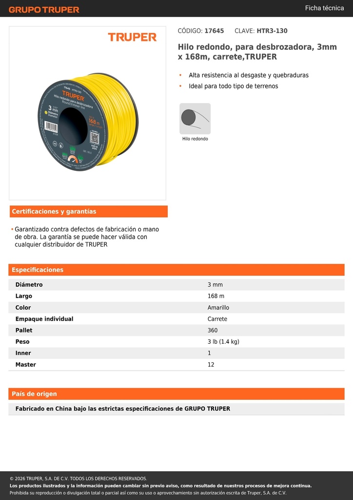 Hilo redondo, para desbrozadora, 3mm x 168m, carrete,TRUPER