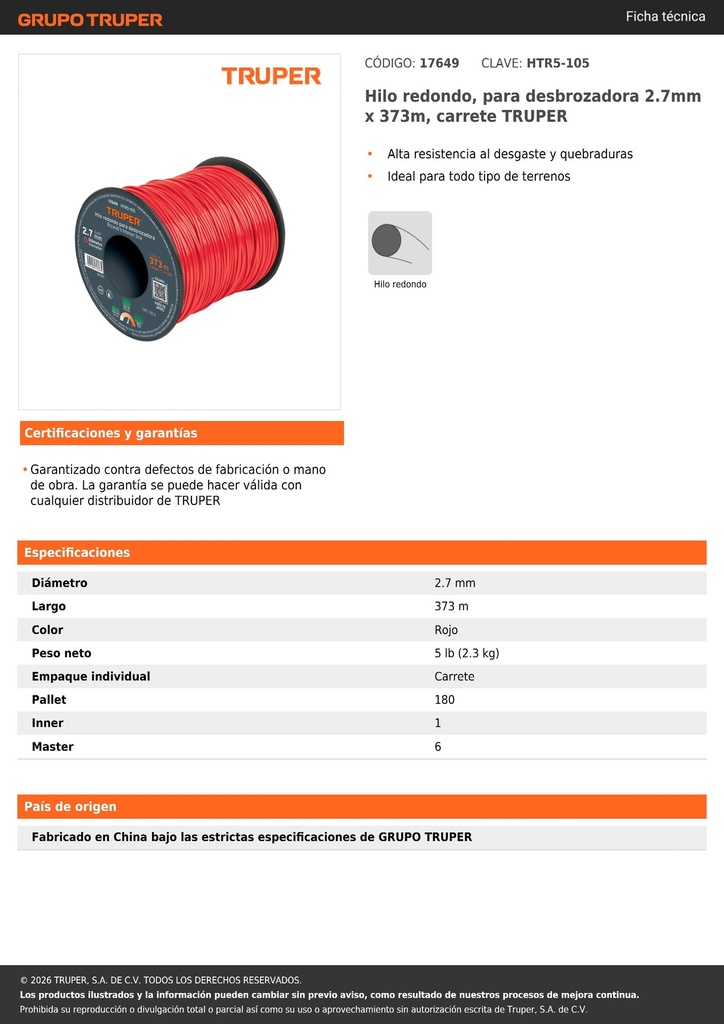 Hilo redondo, para desbrozadora 2.7mm x 373m, carrete TRUPER