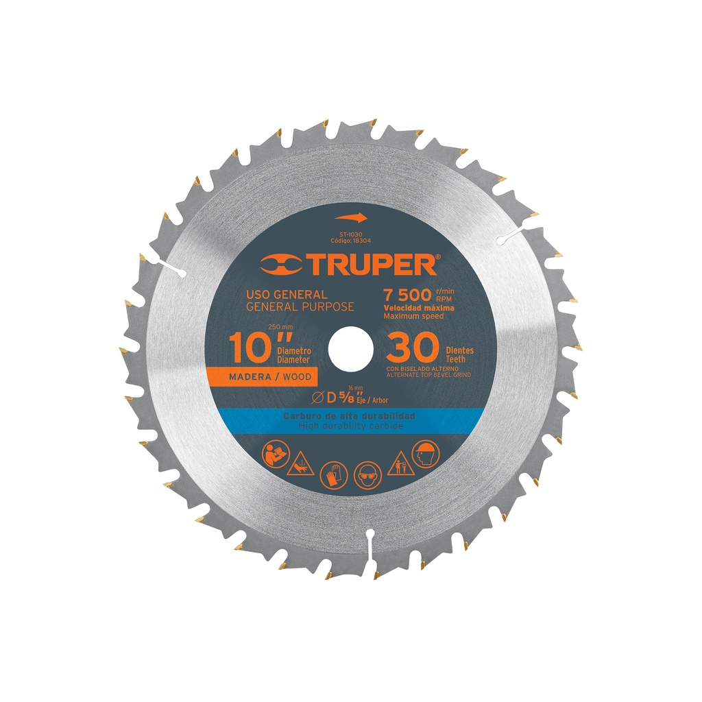 Disco sierra 10' para madera, 30 dientes centro 5/8', TRUPER