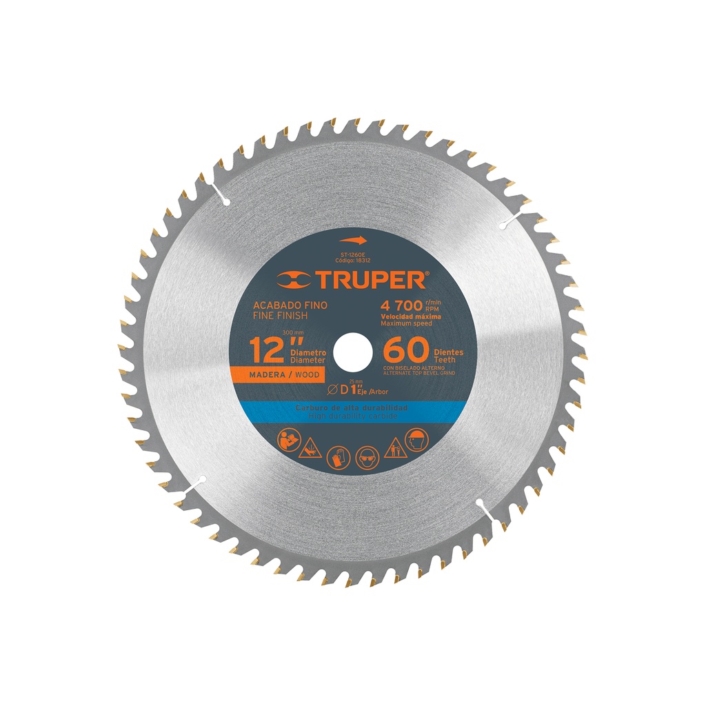 Disco sierra 12' para madera, 60 dientes centro 1', TRUPER