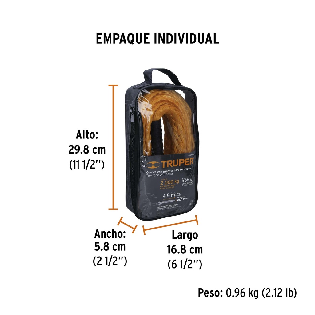 Cuerda con ganchos para remolque, 27 mm x 4.5 m, TRUPER
