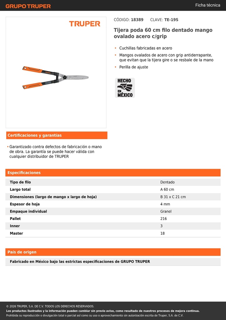 Tijera poda 60 cm filo dentado mango ovalado acero c/grip