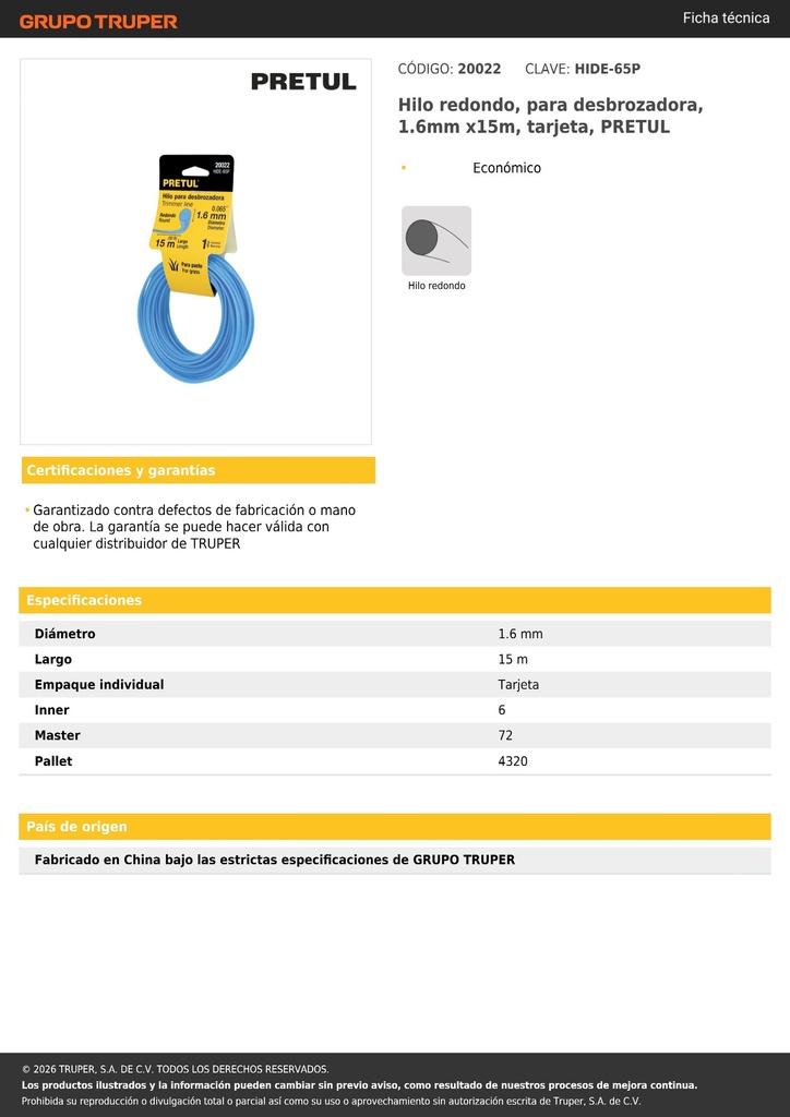 Hilo redondo, para desbrozadora, 1.6mm x15m, tarjeta, PRETUL