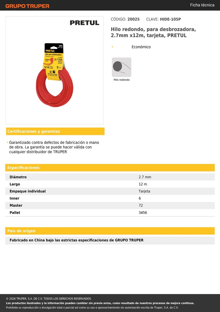 Hilo redondo, para desbrozadora, 2.7mm x12m, tarjeta, PRETUL
