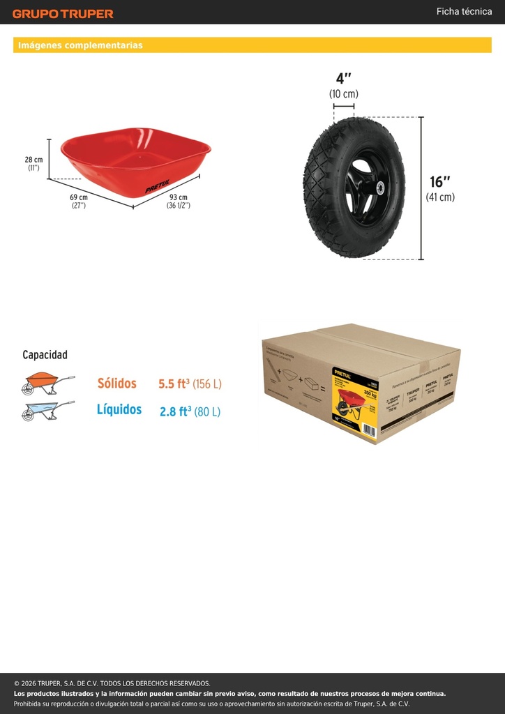 Carretilla 5.5ft3 roja, neumática, bastidores madera, PRETUL