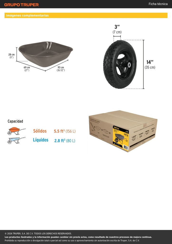 Carretilla 5.5ft3 gris, neumática, bastidores madera, PRETUL
