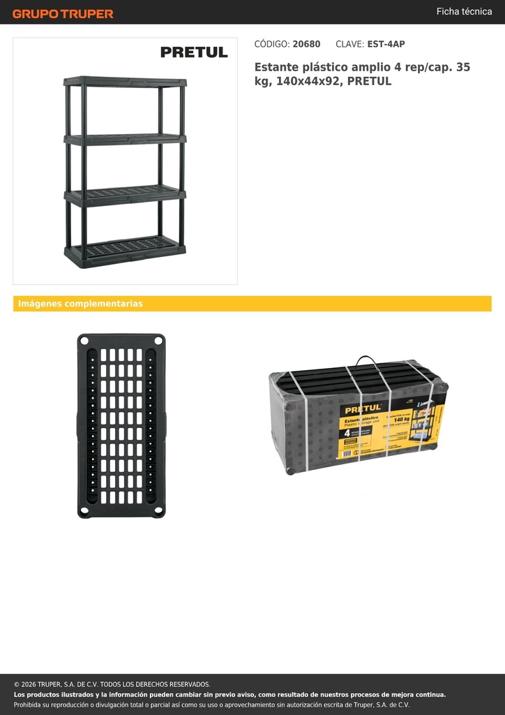 Estante plástico amplio 4 rep/cap. 35 kg, 140x44x92, PRETUL