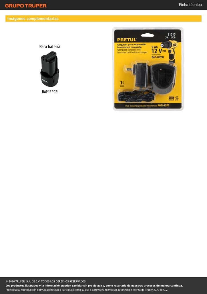 Cargador baterías de ion litio 12V, para ROTI-12PC, PRETUL