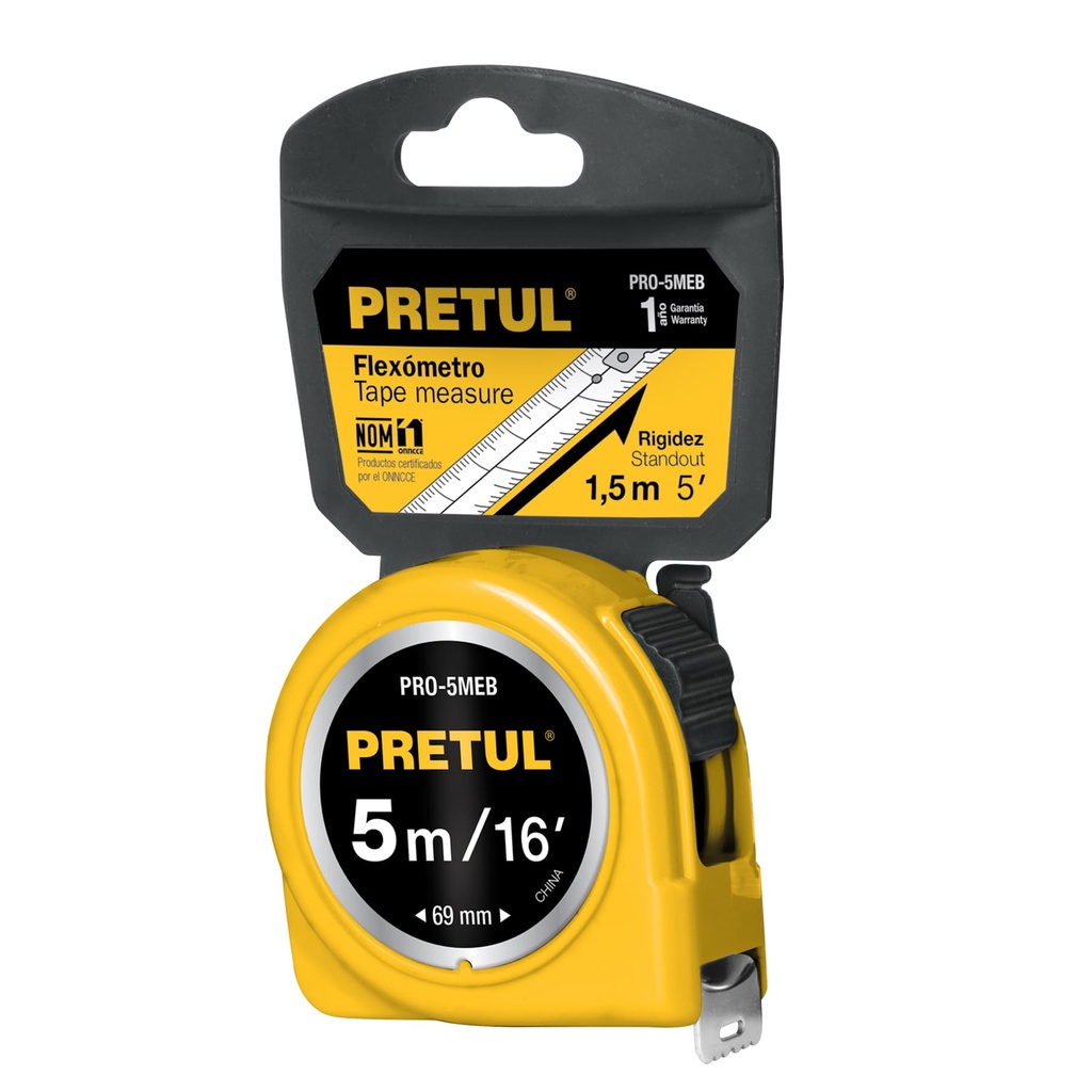 Flexómetro amarillo 5 m cinta 19 mm, en tarjeta, PRETUL