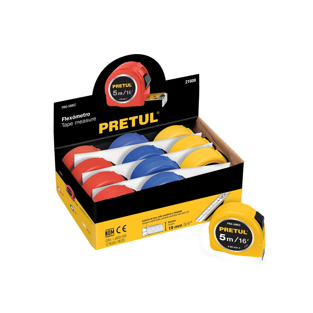 Flexómetro 5 m cinta 19 mm, display box con 12 pzas, PRETUL