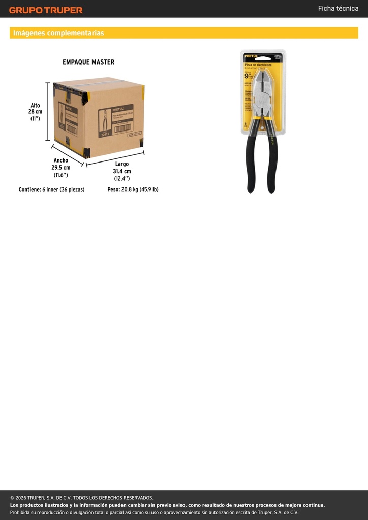 Pinza para electricista 9' uso rudo, mango de PVC, PRETUL