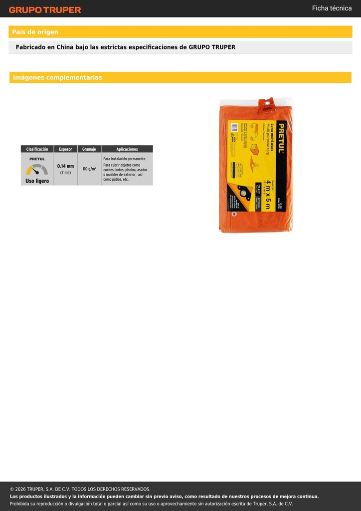 Lona de polietileno 4 x 5 m, naranja, 110 g/m2, PRETUL