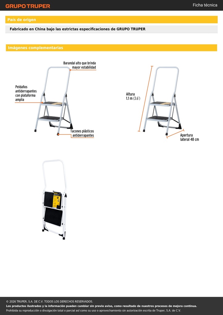 Escalera tubular, plegable, 2 peldaños con barandal, PRETUL