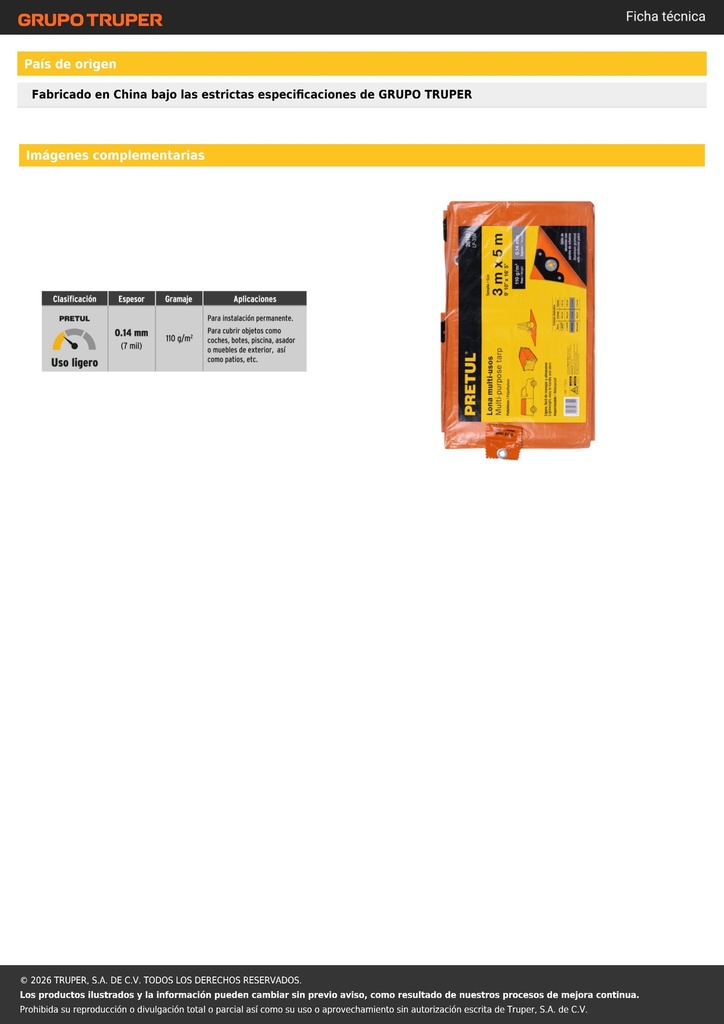 Lona de polietileno 3 x 5 m, naranja, 110 g/m2, PRETUL