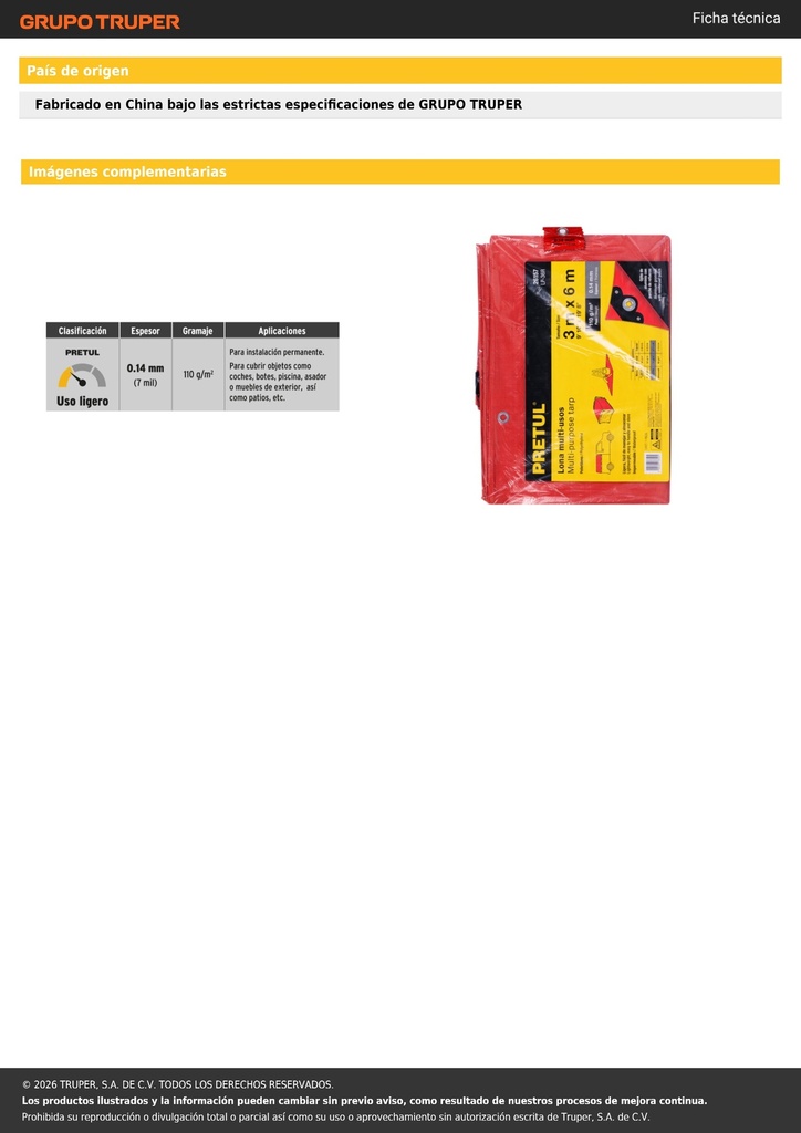 Lona de polietileno 3 x 6 m, roja, 110 g/m2, PRETUL