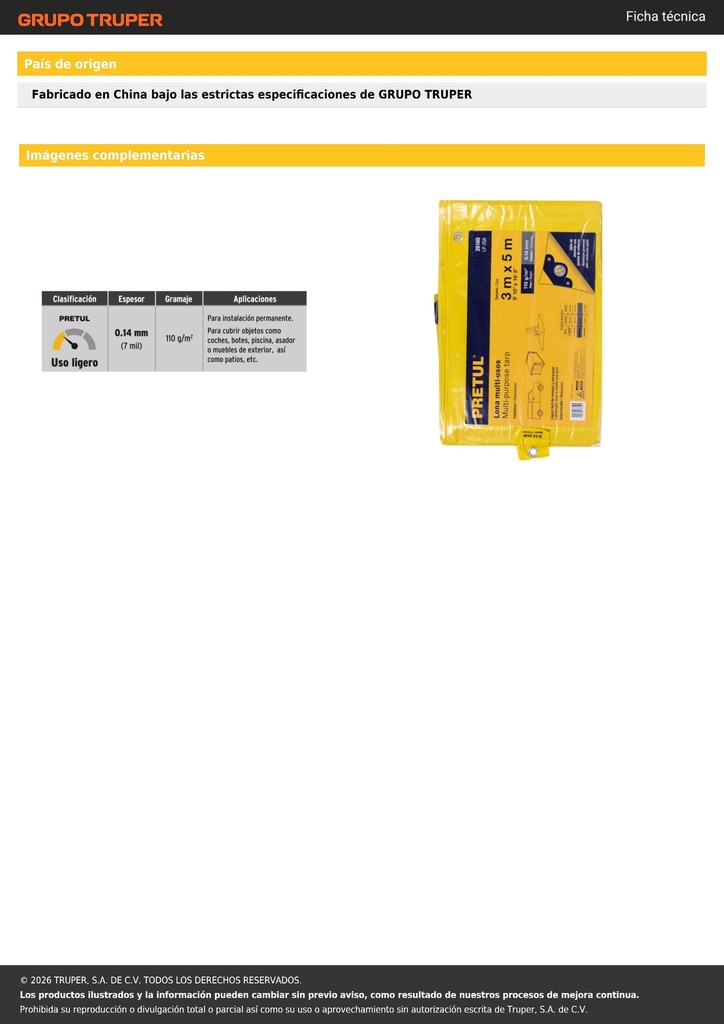 Lona de polietileno 3 x 5 m, amarilla, 110 g/m2, PRETUL