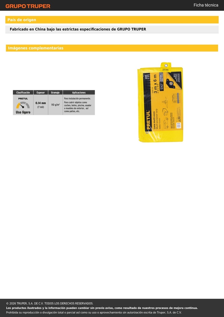 Lona de polietileno 3 x 6 m, amarilla, 110 g/m2, PRETUL