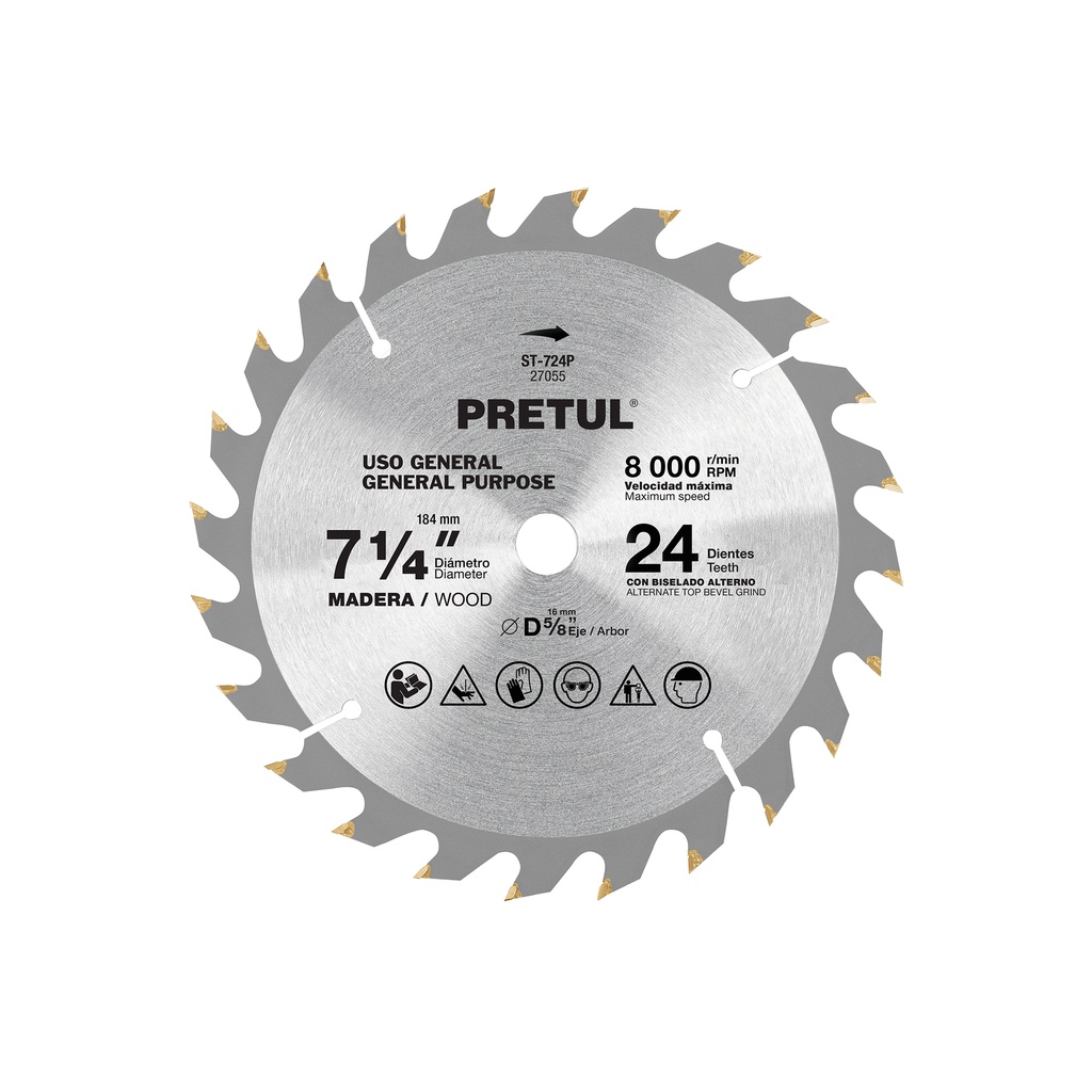 Disco sierra 7-1/4' p/madera, 24 dientes centro 5/8', PRETUL