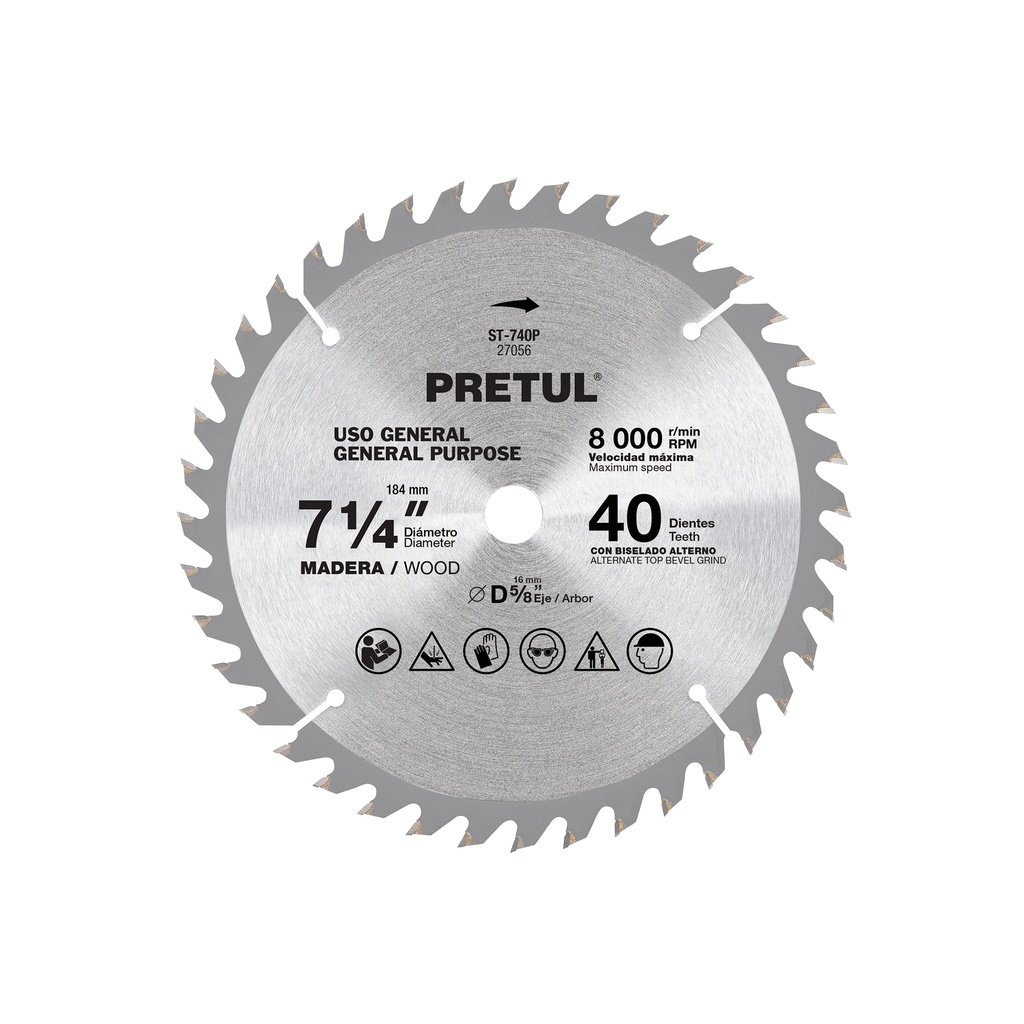 Disco sierra 7-1/4' p/madera, 40 dientes centro 5/8', PRETUL