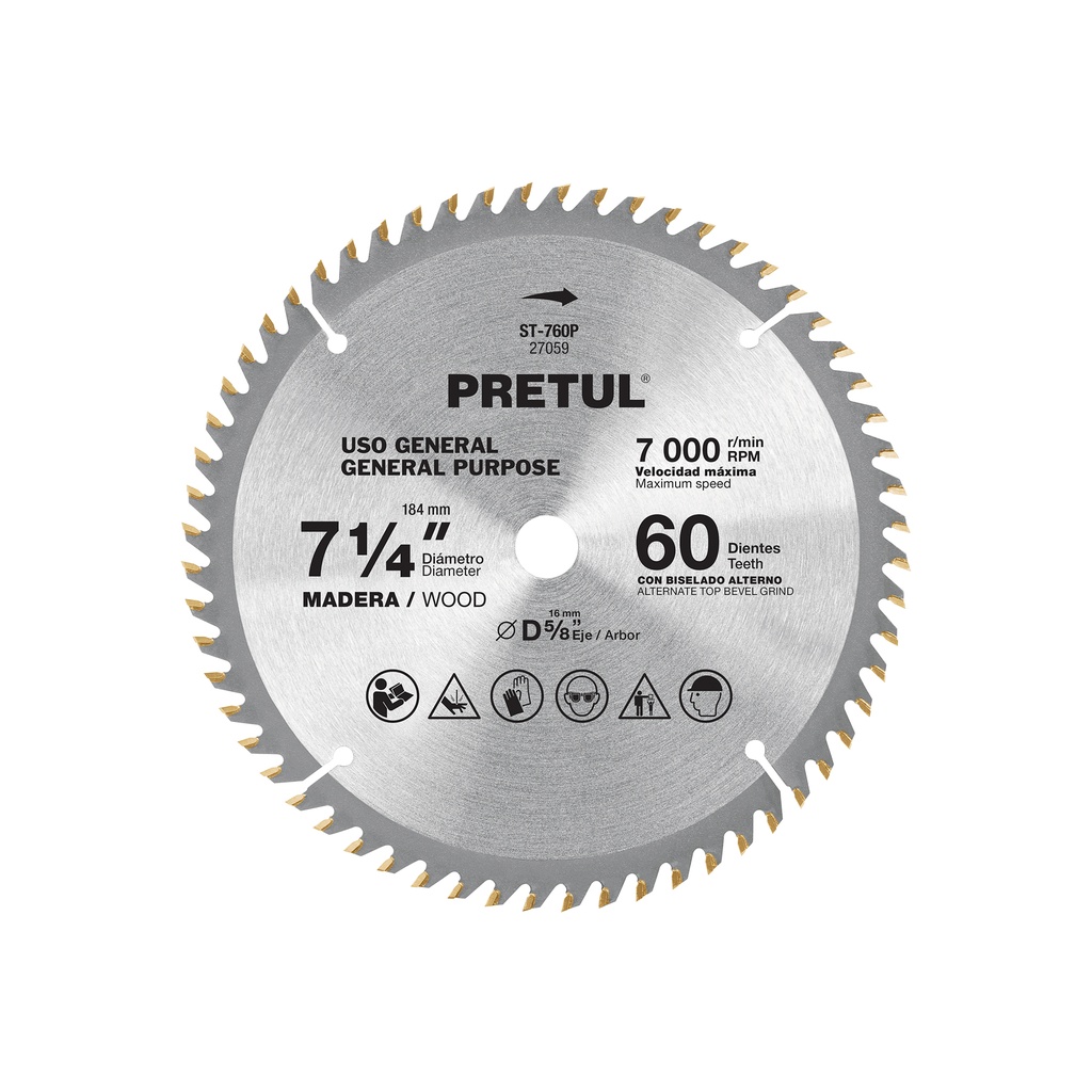 Disco sierra 7-1/4' p/madera, 60 dientes centro 5/8', PRETUL