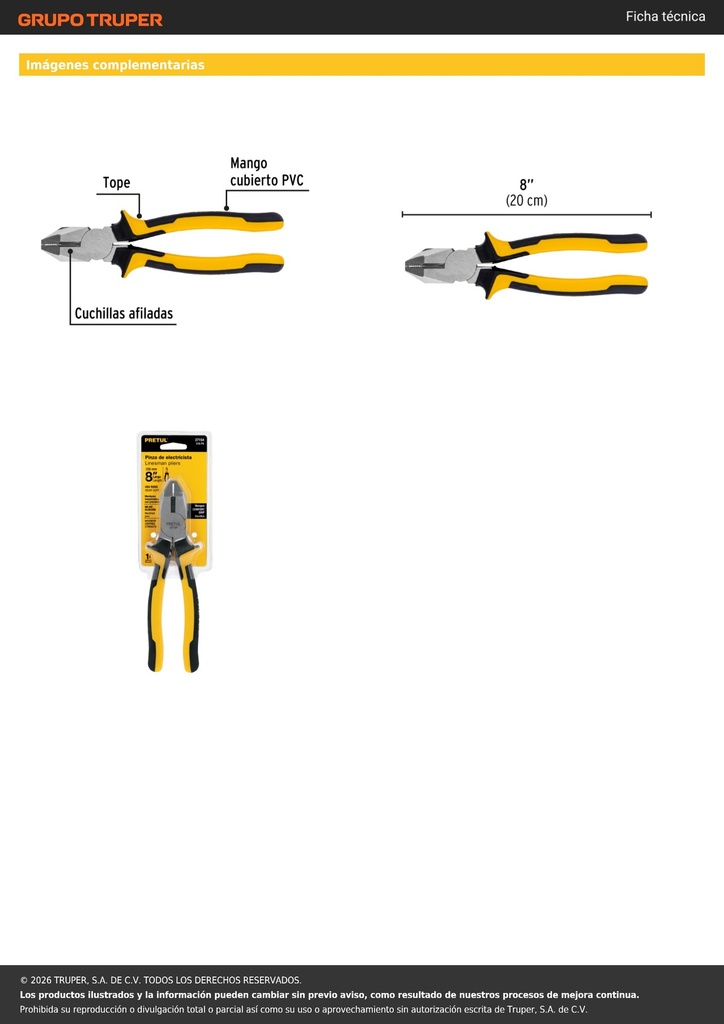Pinza p/electricista 8' uso rudo, Comfort Grip, PRETUL