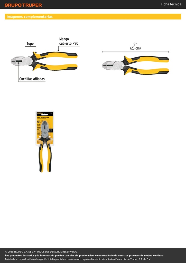 Pinza p/electricista 9' uso rudo, Comfort Grip, PRETUL