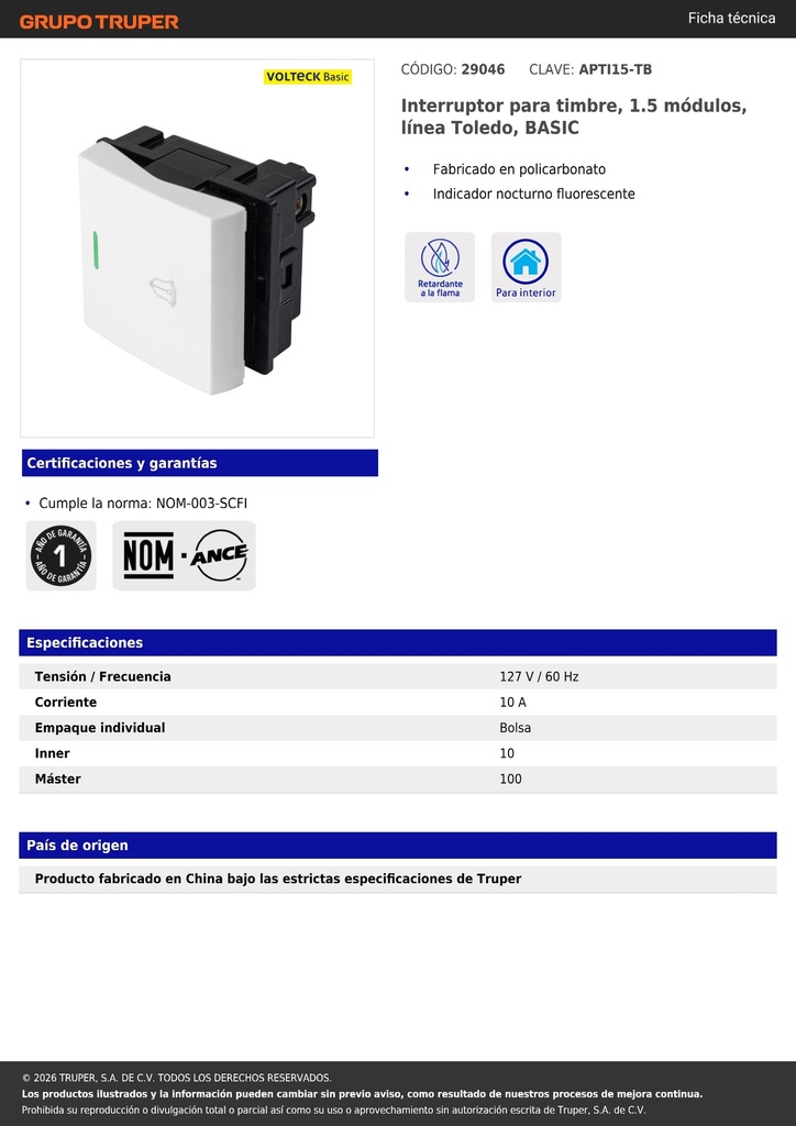 Interruptor para timbre, 1.5 módulos, línea Toledo, BASIC