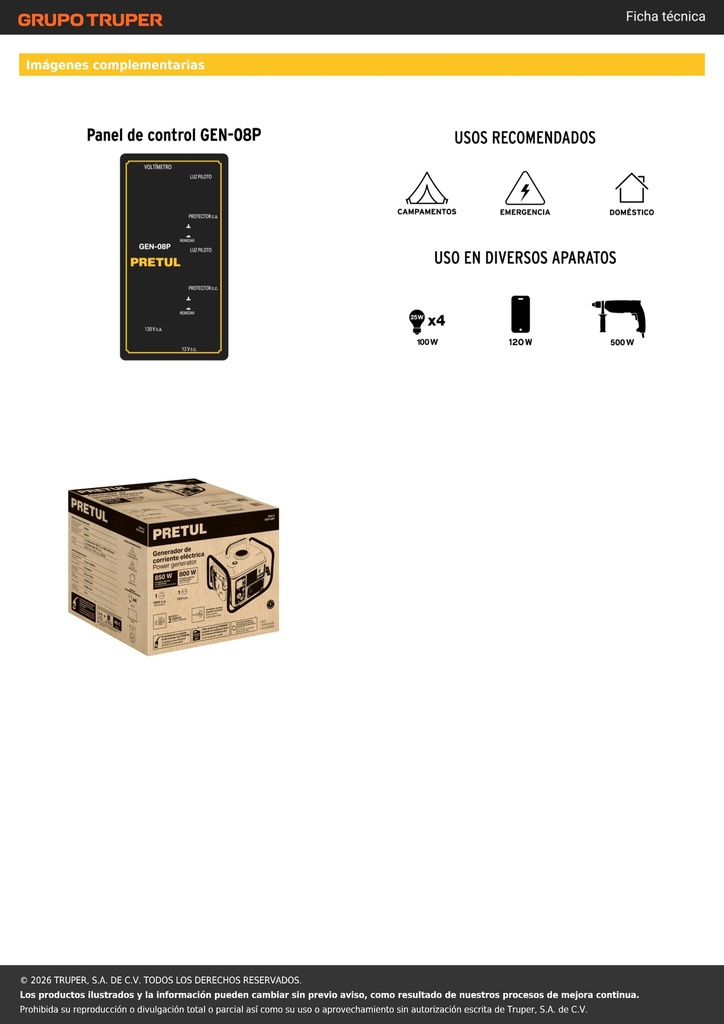 Generador portátil 0.8 kW motor 2 tiempos a gasolina, PRETUL