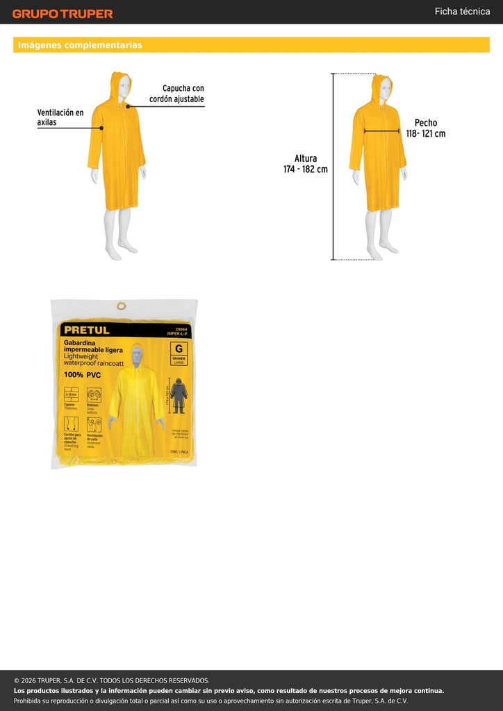 Gabardina impermeable ligera de PVC, talla G, PRETUL
