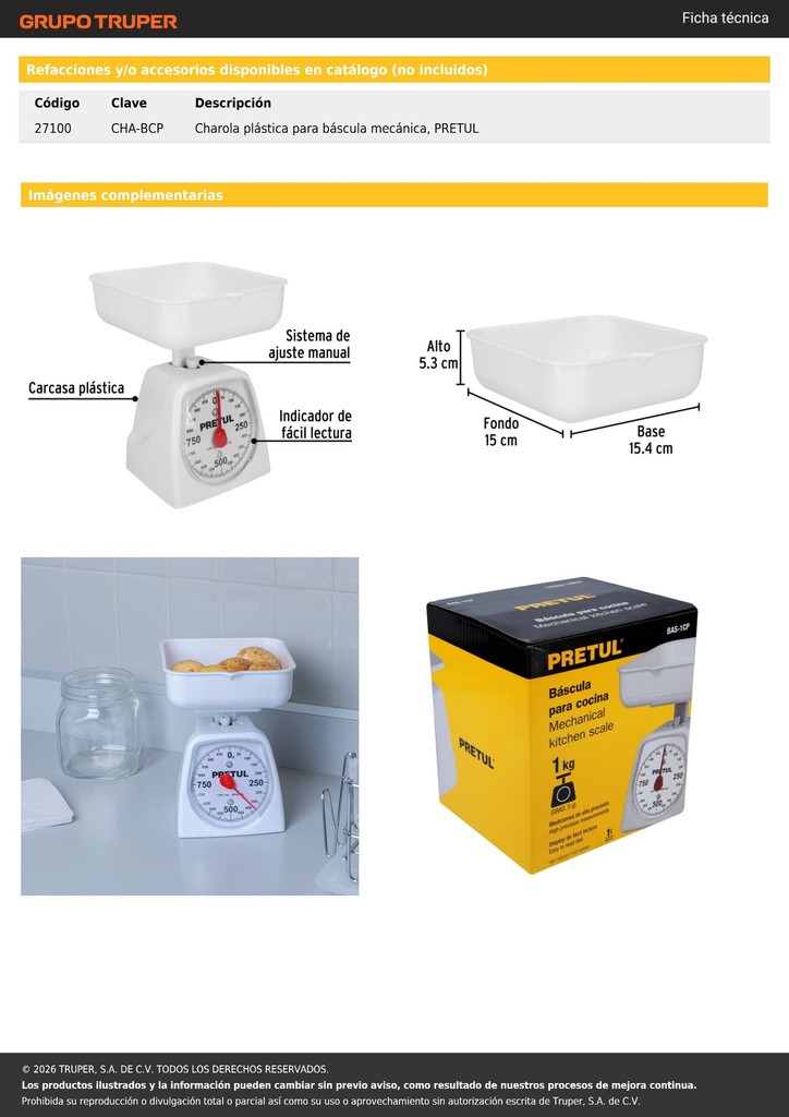 Báscula mecánica para cocina 1 Kg, PRETUL