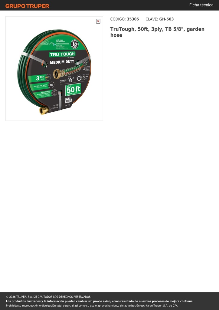 TruTough, 50ft, 3ply, TB 5/8', garden hose