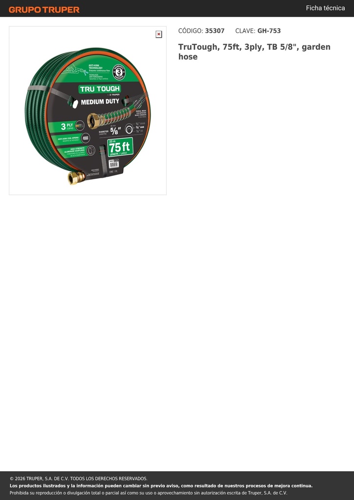 TruTough, 75ft, 3ply, TB 5/8', garden hose