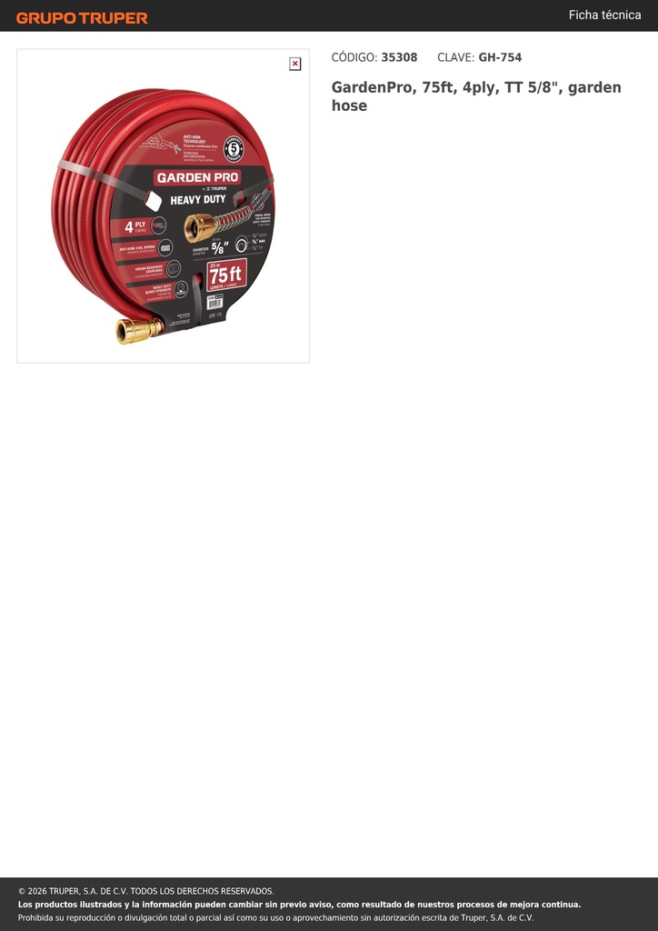 GardenPro, 75ft, 4ply, TT 5/8', garden hose