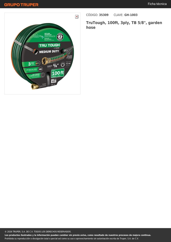 TruTough, 100ft, 3ply, TB 5/8', garden hose