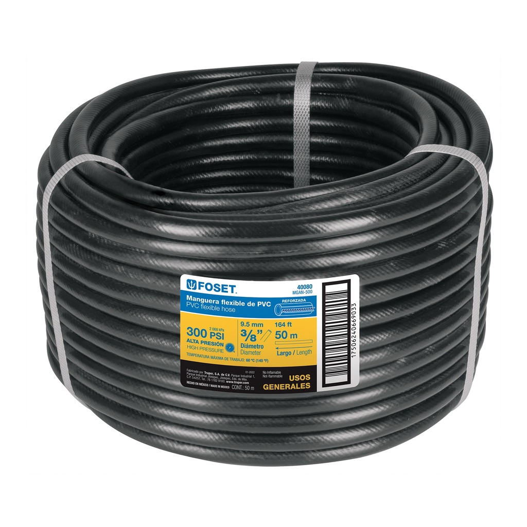 Manguera para gas, PVC negra, 3/8' sin conexión, 50 m, FOSET