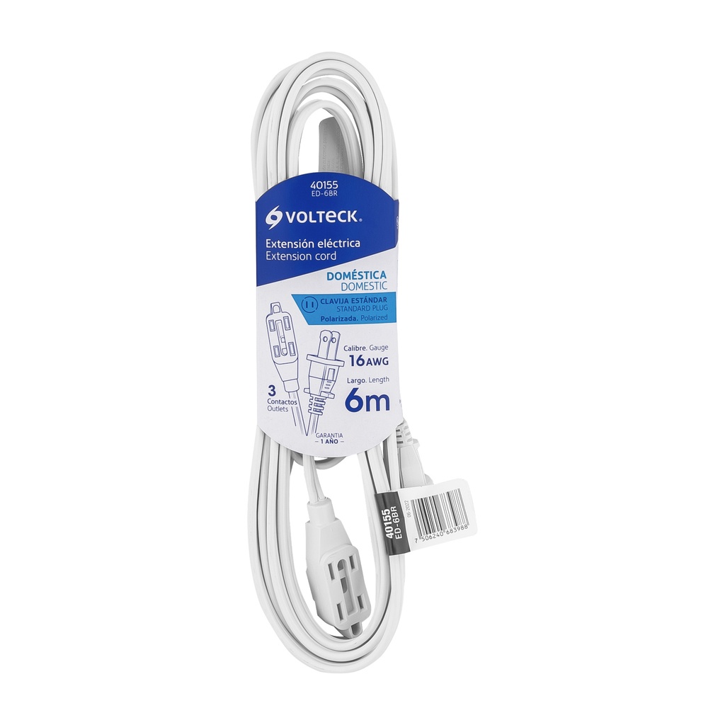 Extensión eléctrica doméstica 6 m clavija recta, blanca