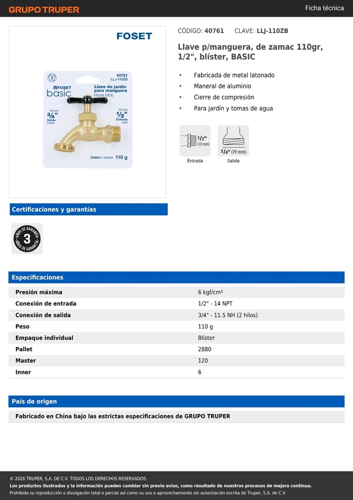 Llave p/manguera, de zamac 110gr, 1/2', blíster, BASIC