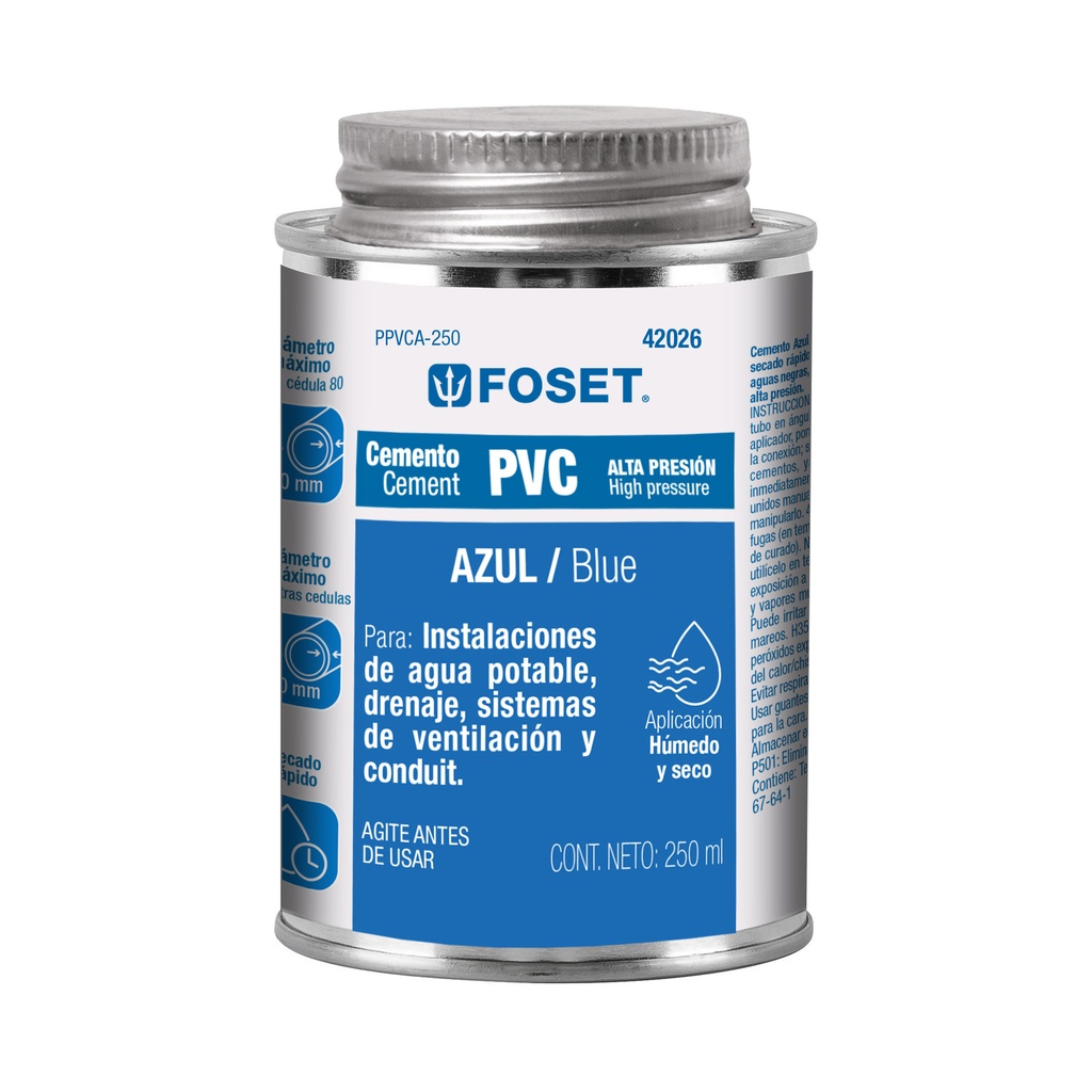Cemento p/PVC, azul, alta presión, lata 250ml, FOSET