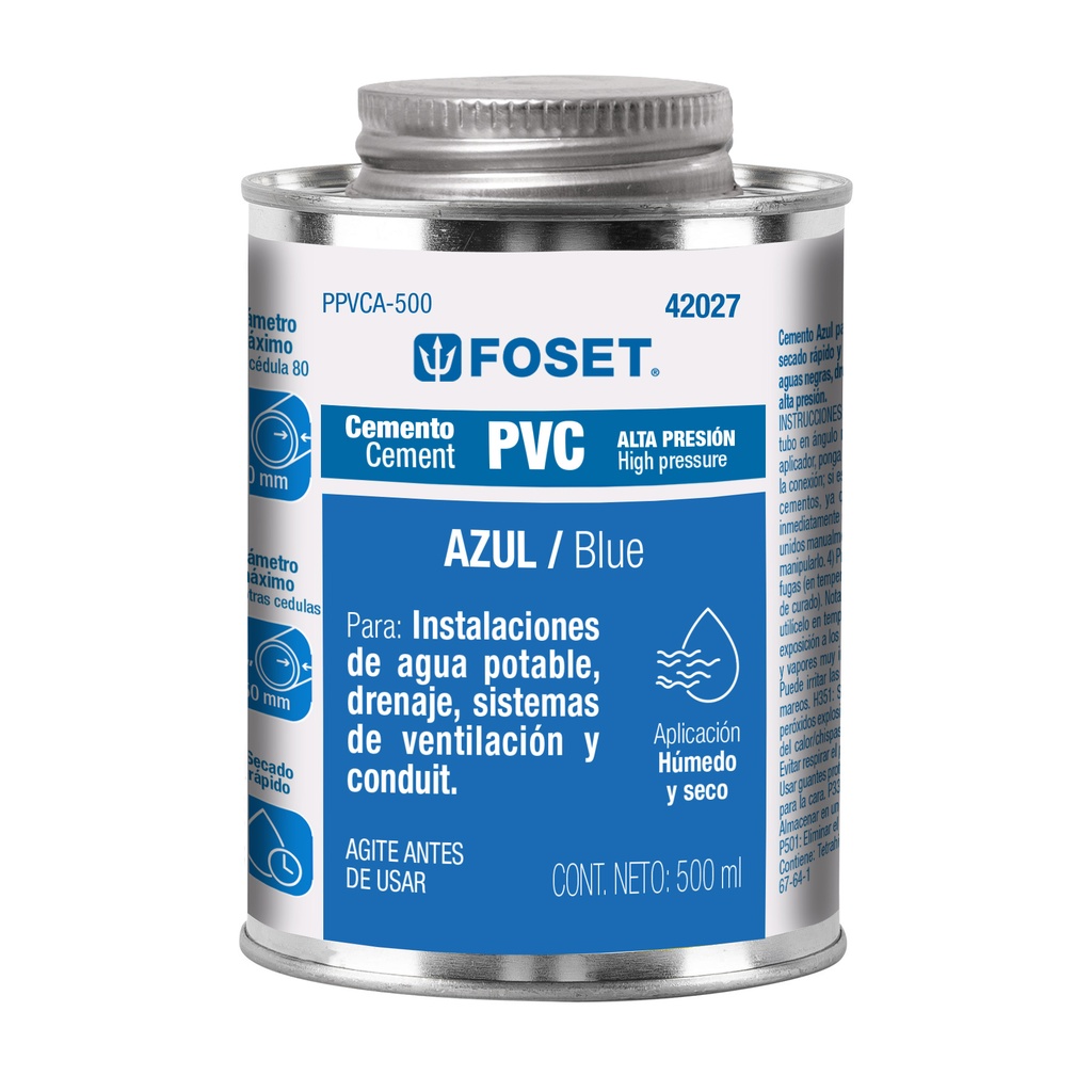 Cemento p/PVC, azul, alta presión, lata 500ml, FOSET