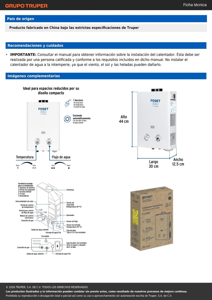 Calentador instantáneo, 5L, 1 servicio, gas LP, FOSET BASIC