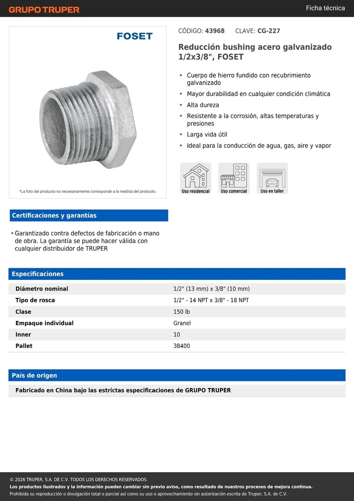 Reducción bushing acero galvanizado 1/2x3/8', FOSET