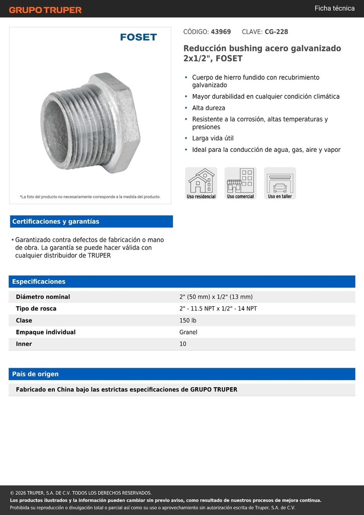 Reducción bushing acero galvanizado 2x1/2', FOSET
