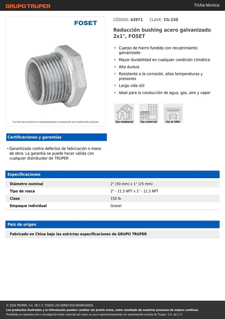 Reducción bushing acero galvanizado 2x1', FOSET